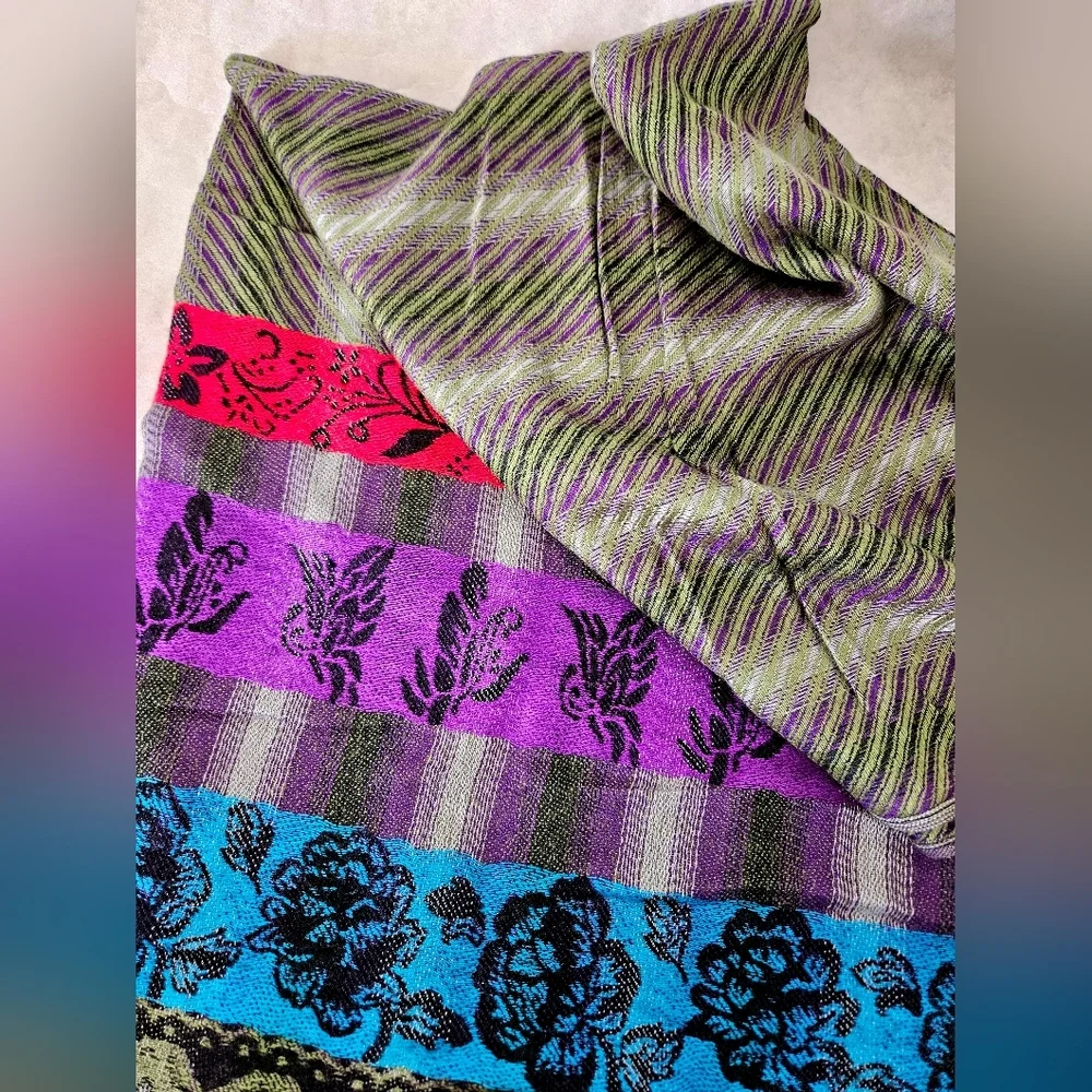 Long Scarf Purple Green With Colorful Stripes
